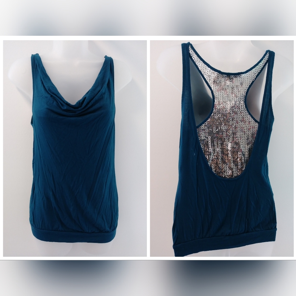 Express Y2K Tank Top Sequin back cowl neck Teal XS Club Party
